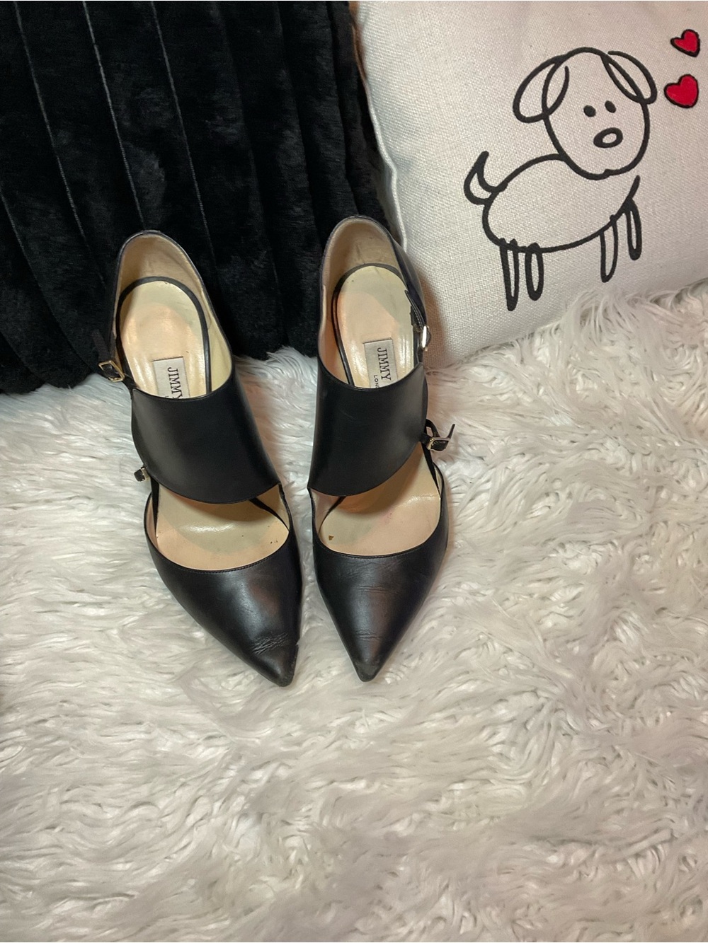 Jimmy Choo Black Leather Pointed Mary Jane Pumps with Strap
